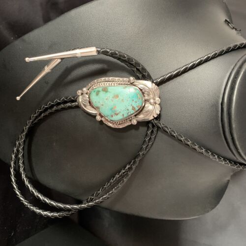 Navajo Green Royston Turquoise Bolo Tie | Sterling Silver | Authentic Native American Handmade | 14110