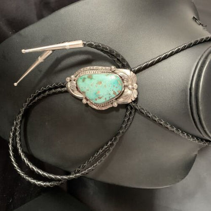 Navajo Green Royston Turquoise Bolo Tie | Sterling Silver | Authentic Native American Handmade | 14110