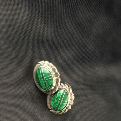 Navajo Green Malachite Inlay Earrings | Sterling Silver | Authentic Native American Handmade | 1987