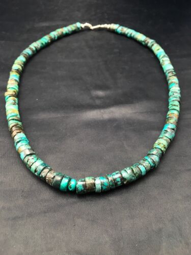 Native American Green Turquoise Heishi Bead Necklace | 10mm Sterling Silver | 20" | 4357