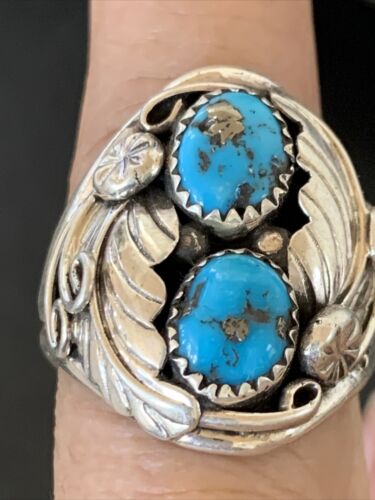 Navajo Blue Kingman Turquoise Feather Ring | Authentic Native American Sterling Silver | Multi-Stone | Sz 10.5 | 12219