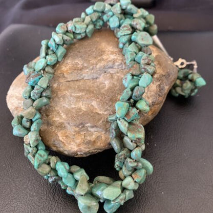 Navajo Green Turquoise Nugget Necklace | 3-Strand Braid | Sterling Silver Pearls | 20" | 11833
