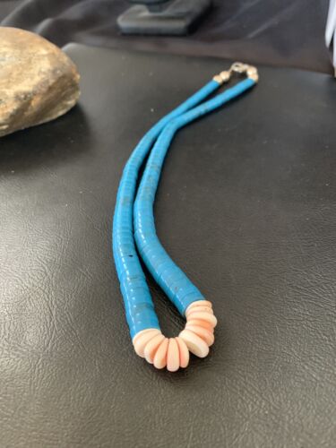 Southwestern Santo Domingo Spiny Oyster & Blue Turquoise Graduated Necklace | Authentic Native American | 19" | 12526