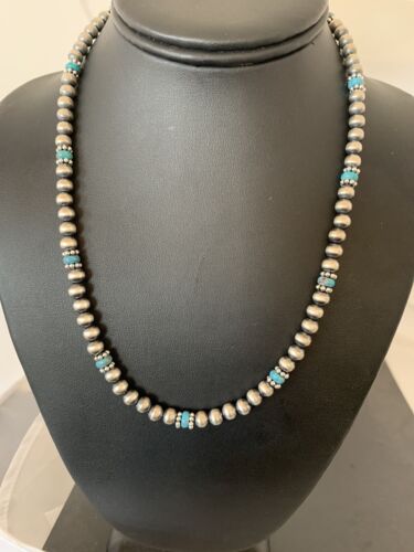 Authentic Native American Navajo Pearls Blue Turquoise Necklace | Sterling Silver Beads | Single Strand | 19" | 227