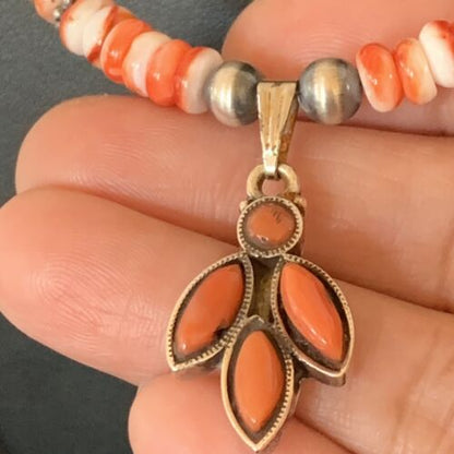 Navajo Pearl Necklace with Red Apple Coral, Spiny Oyster Pendant | Authentic Native American Sterling Silver | Multi-Stone | 12388