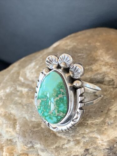 Women's Navajo Green Sonoran Turquoise Ring | Sterling Silver | Sz 9.5 | Authentic Native American Handmade | 10419