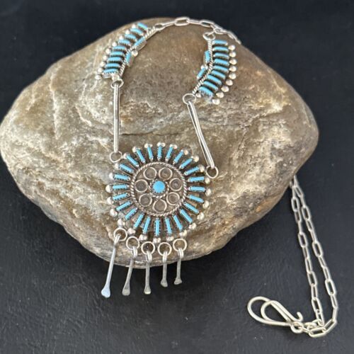 Zuni Kingman Turquoise Needle Point Necklace Pendant Set | Sterling Silver | Authentic Native American Handmade | 14535