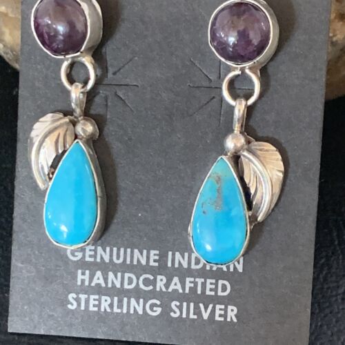 Navajo Sterling Silver Dangle Leaf Earrings | Purple Sugilite & Blue Turquoise | Handmade 13453