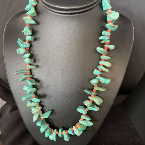 Navajo Green Turquoise & Spiny Oyster Graduated Necklace | Sterling Silver | Authentic Native American | 21" | 14009