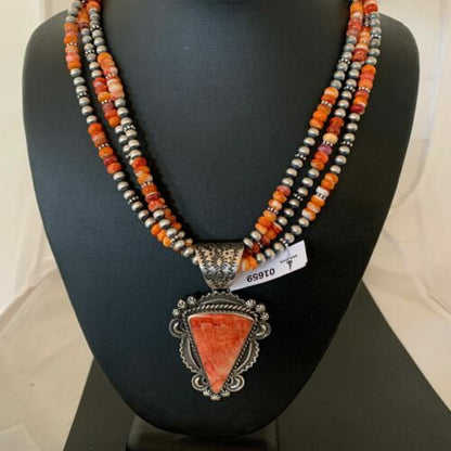 Navajo Red Spiny Oyster Pendant | Sterling Silver | Native American Handmade | Multi-Strand Necklace | 1659