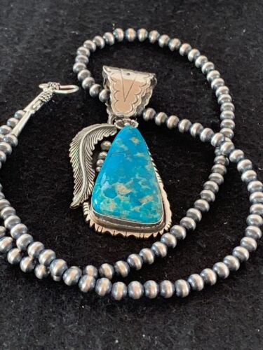 Men's Kingman Turquoise Pendant Necklace | Navajo Pearls | Sterling Silver | Authentic Native American | 4300