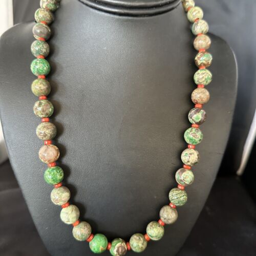 Navajo Green Turquoise Red Coral Necklace | Sterling Silver | 20" | Authentic Native American Handmade | 14736