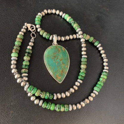 Navajo Pearl Green Turquoise Necklace Pendant | Sterling Silver | Authentic Native American Handmade | 13469