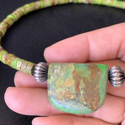 Navajo Green Gaspeite Turquoise Pendant | Sterling Silver | Authentic Native American Handmade | 13912