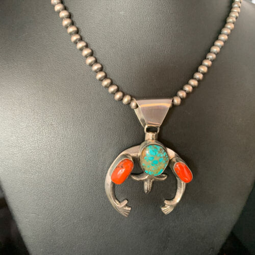 Navajo Pearl Necklace with Royston Turquoise & Coral Naja Pendant | Sterling Silver | 13644