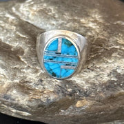 Navajo Blue Turquoise Inlay Ring | Sterling Silver | Sz 9.5 | Authentic Native American Handmade | 14749