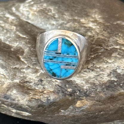 Navajo Blue Turquoise Inlay Ring | Sterling Silver | Sz 9.5 | Authentic Native American Handmade | 14749