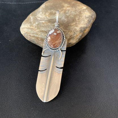 Men's Wild Horse Turquoise Feather Pendant | Navajo Sterling Silver | Authentic Native American Handmade | 13986