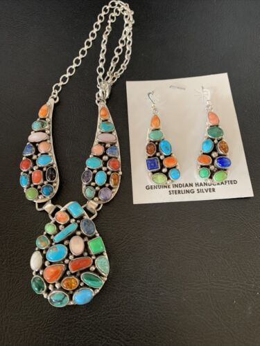 Navajo Multi-Color Turquoise Spiny Necklace & Earring Set | Sterling Silver | 2105