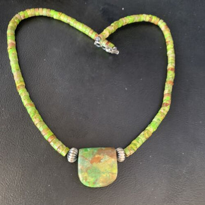 Navajo Green Gaspeite Turquoise Pendant | Sterling Silver | Authentic Native American Handmade | 13900