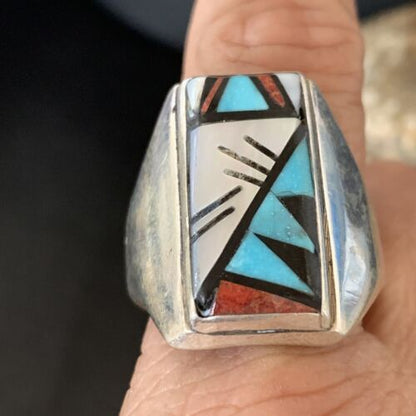 Native American Zuni Men's Spiny Blue Turquoise Ring | Sterling Silver Inlay | Sz 15 | 12425