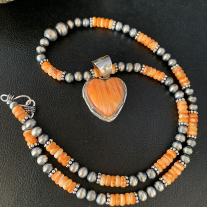 Navajo Orange Heart Spiny Oyster Pendant | Sterling Silver Necklace | Authentic Native American Handmade | 13946