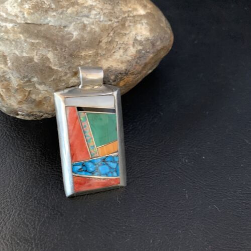 Navajo Turquoise Spiny Opal Multi-Color Inlay Pendant | Sterling Silver | Authentic Native American Handmade | 13722