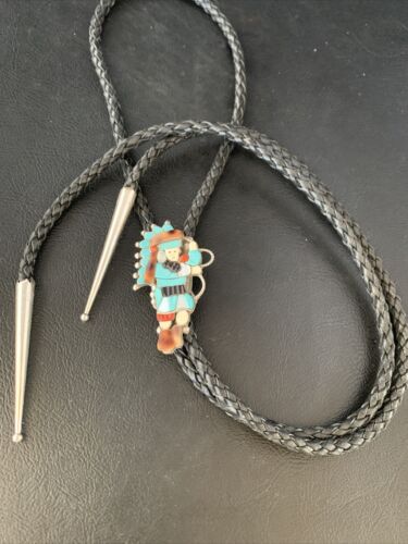 Men's Bolo Tie | Zuni Kachina | Blue Kingman Turquoise & Coral | Sterling Silver | 13672