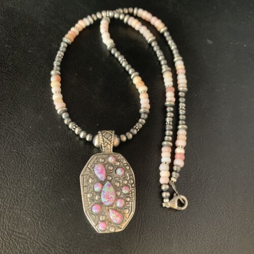Navajo Pink Opal Beads Necklace with Multi-Stone Mother of Pearl Pendant | Sterling Silver | 13442