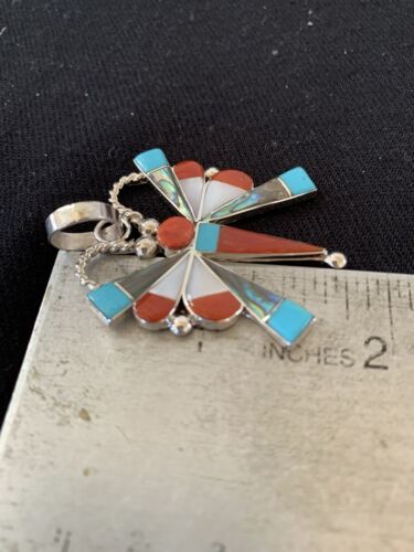 Zuni Turquoise Coral Mother of Pearl Butterfly Necklace Pin Pendant | Sterling Silver Inlay | 1368