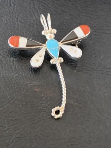 Zuni Turquoise Mother of Pearl Inlay Dragonfly Necklace Pin Pendant | Sterling Silver | 12319