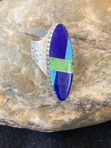 Navajo Multi-Color Lapis & Turquoise Inlay Ring | Sterling Silver | Sz 7 | Authentic Native American Handmade | 01576