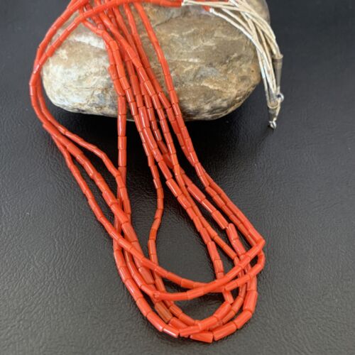 Southwestern Natural Red Coral Heishi Necklace | 5 Strand | Sterling Silver | 20" | 1217