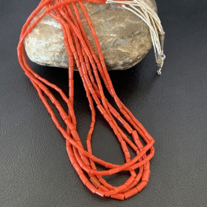 Southwestern Natural Red Coral Heishi Necklace | 5 Strand | Sterling Silver | 20" | 1217