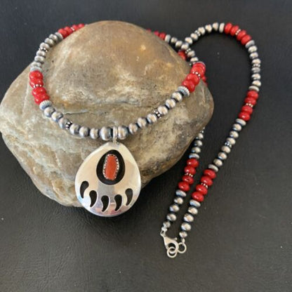 Bear Paw Red Coral Pendant for Men | Navajo Pearl Sterling Silver | Authentic Native American Handmade | 12589
