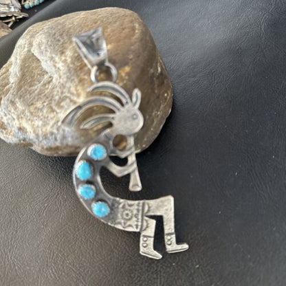 Navajo Kingman Turquoise Tufa Cast Kokopelli Pendant | Authentic Native American Sterling Silver | Multi-Stone | 14230