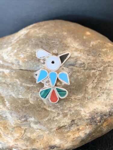 Zuni Peyote Bird Inlay Ring | Sterling Silver | Coral, Turquoise, Onyx, Mother of Pearl | Sz 6.5 | 10791