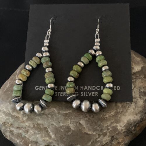 Navajo Green Turquoise Earrings | Sterling Silver | Native American Pearls Bead | 2" | 12889