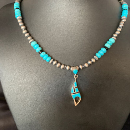 Navajo Blue Turquoise Onyx Inlay Pendant Necklace | Sterling Silver | Authentic Native American Handmade | 13846