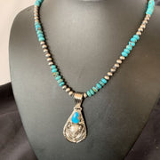 Navajo Pearl Necklace with Blue Turquoise Bullhead Pendant | Authentic Native American Sterling Silver | Multi-Stone | 11755