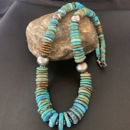 Navajo Blue Green Turquoise Necklace | Sterling Silver | Authentic Native American | 22" | Graduated | 11899