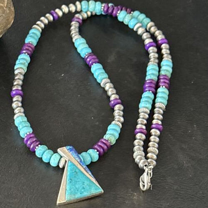 Navajo Blue Turquoise Sugilite Pendant | Sterling Silver Inlay Necklace | Authentic Native American Handmade | 14642