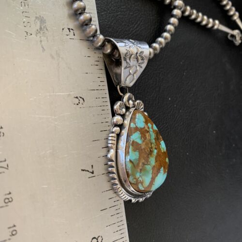 Navajo Pearls Necklace with Blue Royston Turquoise Pendant | Sterling Silver | Native American Handmade | 10764