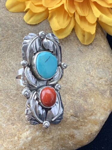 Navajo Royston Turquoise & Coral Ring | Authentic Native American Sterling Silver | Multi-Stone | Sz 8 | 01810