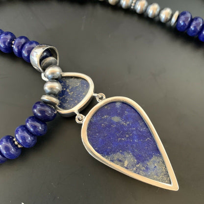 Navajo Sterling Silver Beads Necklace with Lapis Lazuli Pendant | 8mm | Authentic Native American Handmade | 11365
