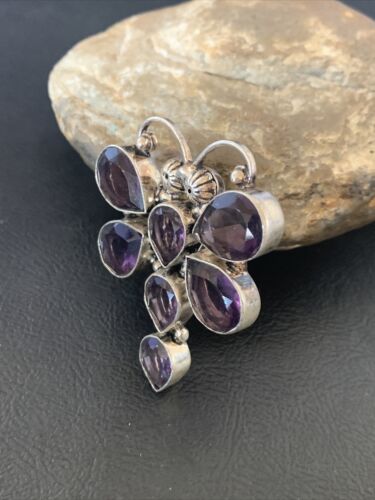 Navajo Dragonfly Pendant | Faceted Amethyst Gems Cluster | Authentic Native American Sterling Silver | Multi-Stone | 2.2" | 12738