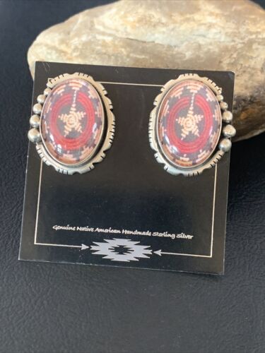 Navajo Red Rug Design Stud Earrings | Sterling Silver | 1" | Authentic Native American Handmade | 13110