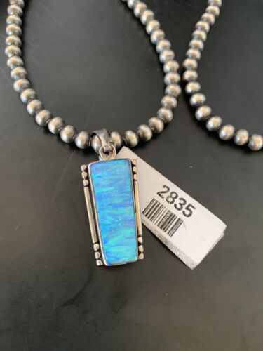 Blue Opal Inlay Necklace Pendant | Navajo Pearls | Sterling Silver | Authentic Native American Handmade | 2835 - Masha USA
