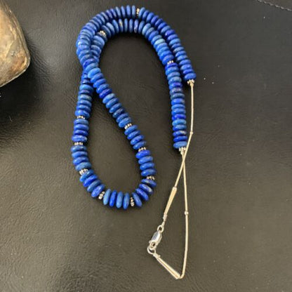 Men's Blue Lapis Bead Necklace | 8mm Liquid Silver Heishi | Sterling Silver | 24" | 12775