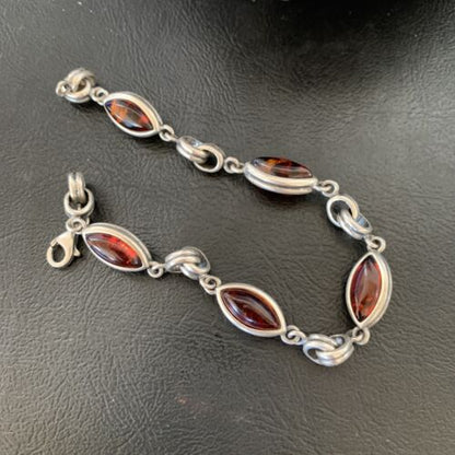 Navajo Deep Gold Amber Link Bracelet | Sterling Silver | 8.25" | Authentic Native American Handmade | 12656